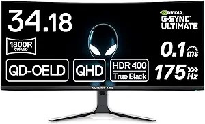 Alienware AW3423DW Curved Gaming Monitor 34.18 inch Quantom Dot-OLED 1800R Display, 3440x1440 pixels at 175Hz, True 0.1ms gray-to-gray, 1M:1...